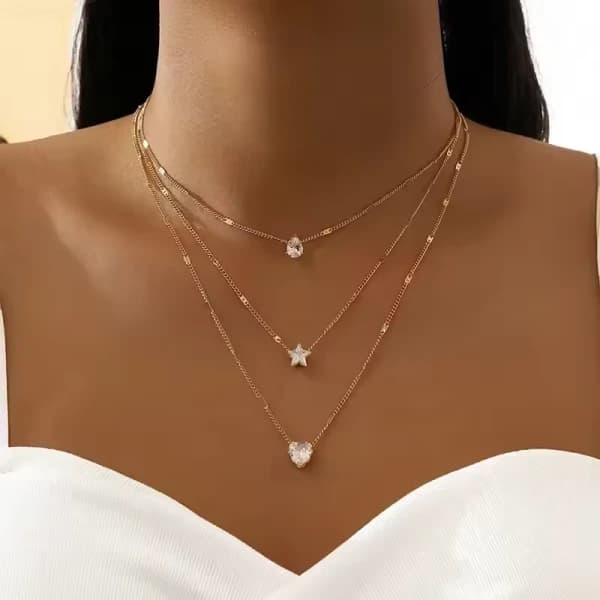 Elegant Triple-Layer Heart & Star Pendant Necklace